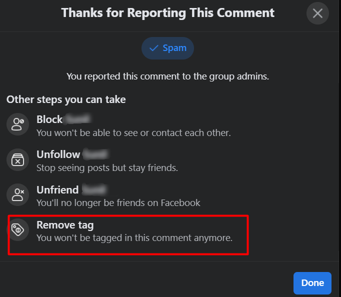 remove tag from Facebook Comment
